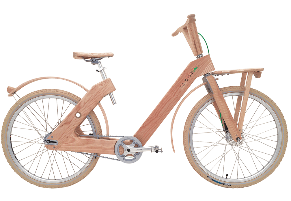 a bicycle sitting on a wooden pole